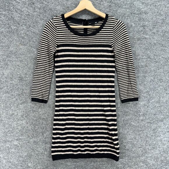 H&M Sweater Dress Women XS Black Striped Short Alpaca Button Up Long Sleeve - Picture 1 of 7